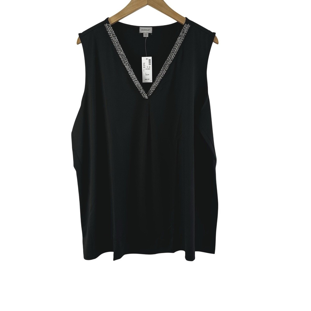 Avenue Beaded V Neck Blouse‎ Women's 22/24 Sleeveless Black Career Stretch Top